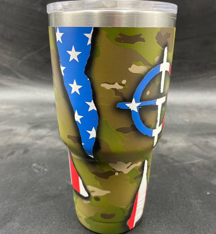 32oz Stainless Tumbler with Custom Cerakote Ripped Flag Design with  Multicam Camo - Show Your Patriotism and Love of the Outdoors!